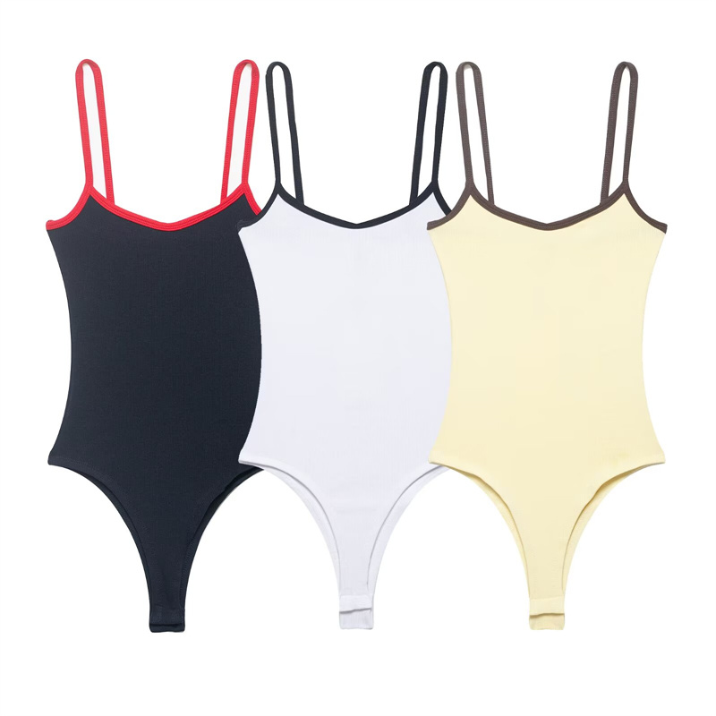 女性のボディスーツ 2026 新ファッション春夏カラーブロックトリムジャンプスーツ女性のためのシックな人格スパゲッティストラップボディスーツ