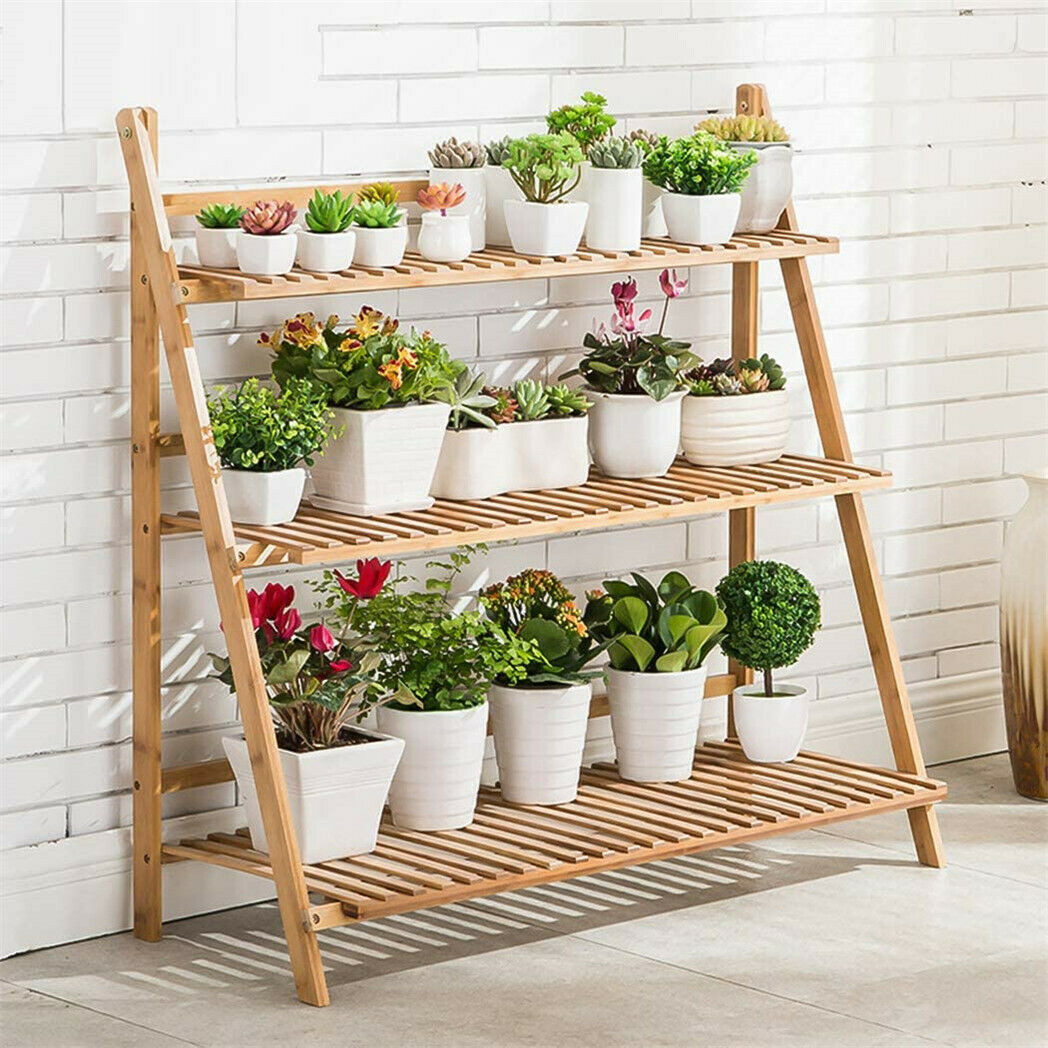 3 段竹フラワー植木鉢棚スタンドディスプレイはしごガーデンラックホルダー収納屋内屋外