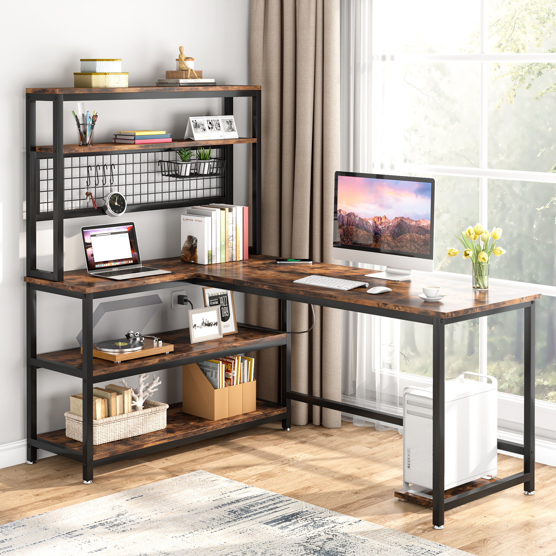 LITTLE TREE 55インチ 大型コンピュータデスク ワイヤレス充電付き 5つの収納棚、オフィスデスク 学習テーブル ライティングデスク ワークステーション