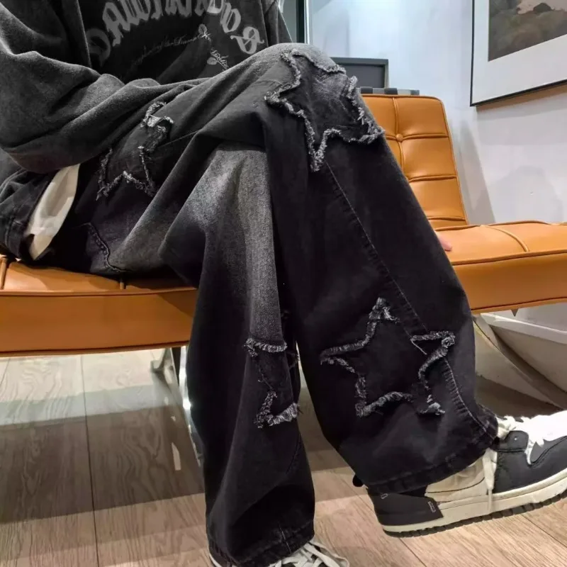 Y2K 服ストレートヒップホップ綿のズボンパンタロンオム 2024 新ファッションスタータオル刺繍ブラウンメンズジーンズパンツ
