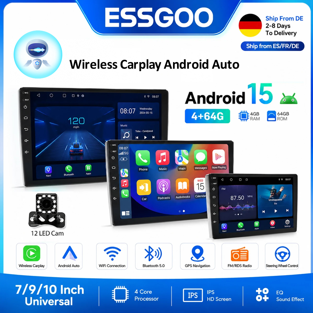 ESSGOO Android 15 ワイヤレス Carplay カーラジオ 2 Din 7 "/9"/10" GPS ナビゲーター MP5 プレーヤーガラススクリーン Wi-Fi FM BT 自動車カーステレオ