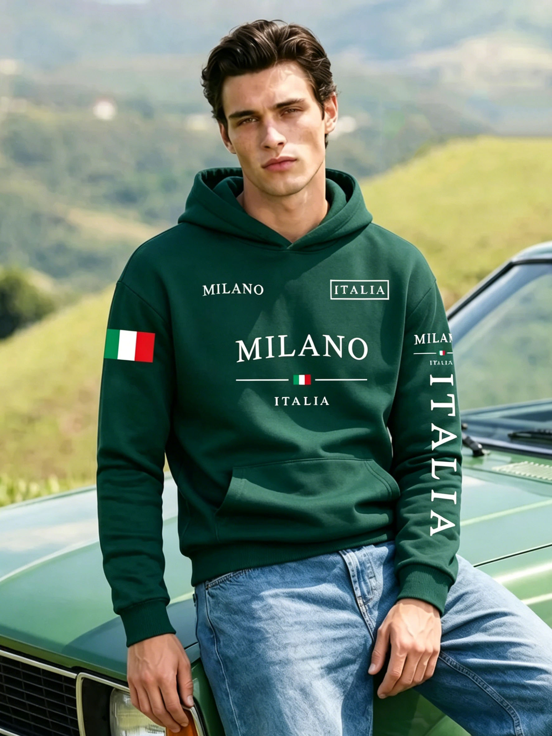 男性ミラノイタリアプリントパーカーヴィンテージイタリア国旗特大スポーツ休暇フード付きトレーナー女性カジュアルストリートカップルトップ