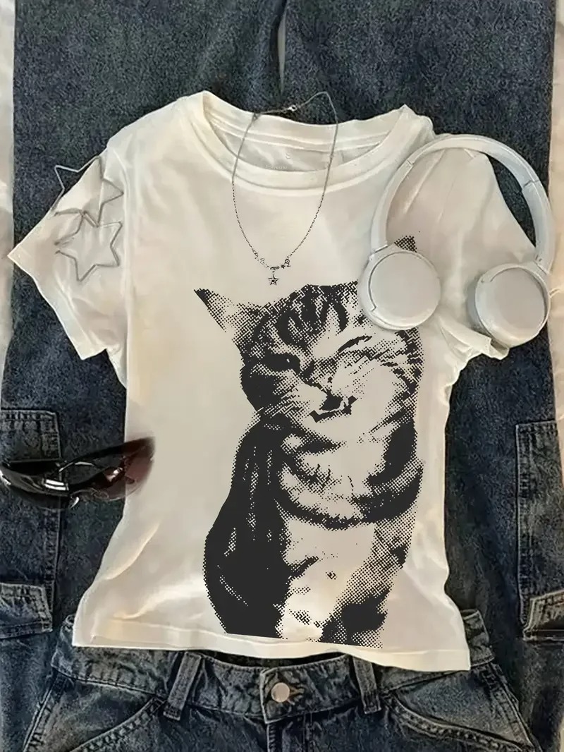 猫プリント女性ハイストリート特大 Tシャツ夏原宿レターグラフィック Tシャツ Y2k トップスストリートヴィンテージ Tシャツ服