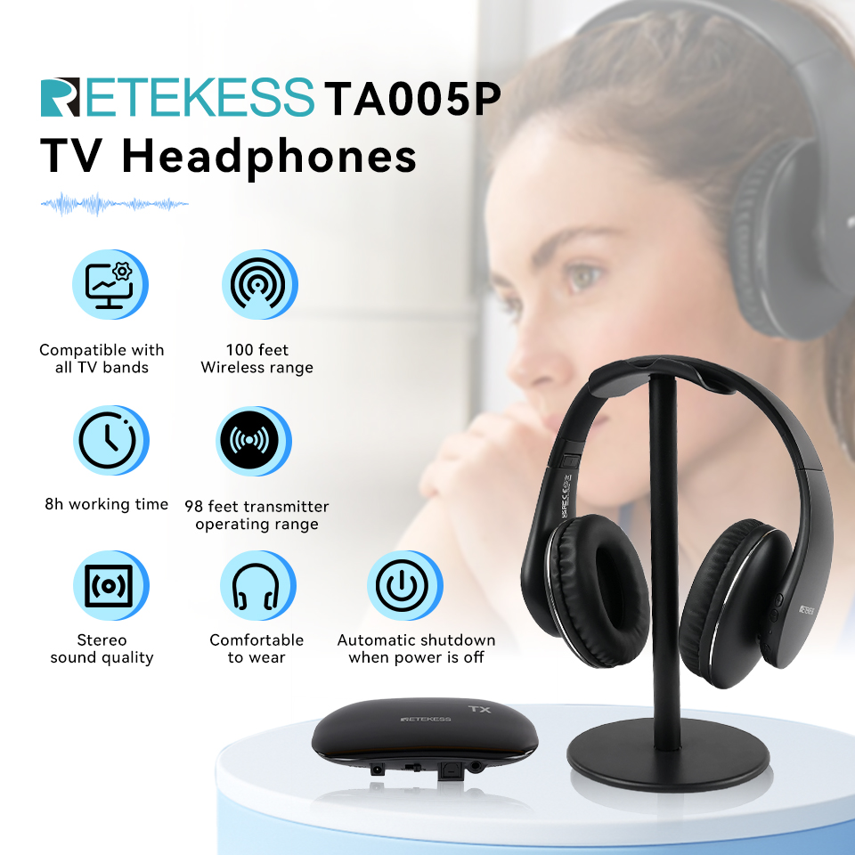 Retekess TA005 Pro ワイヤレス TV ヘッドフォン 30 メートル範囲ステレオオーディオ充電式ワイヤレス TV ヘッドセットテレビ視聴ゲームに最適