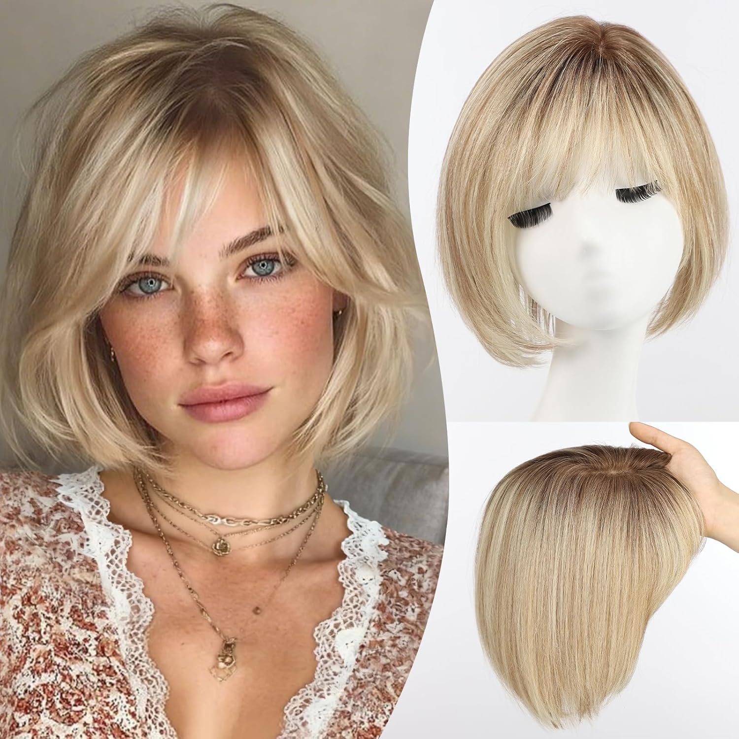 10 インチオンブルブラウンブロンド人毛トッパー 6.5*6.5 インチラージベースボブヘアウィッグトッパー 4 クリップ前髪サイドパーツ付き女性用