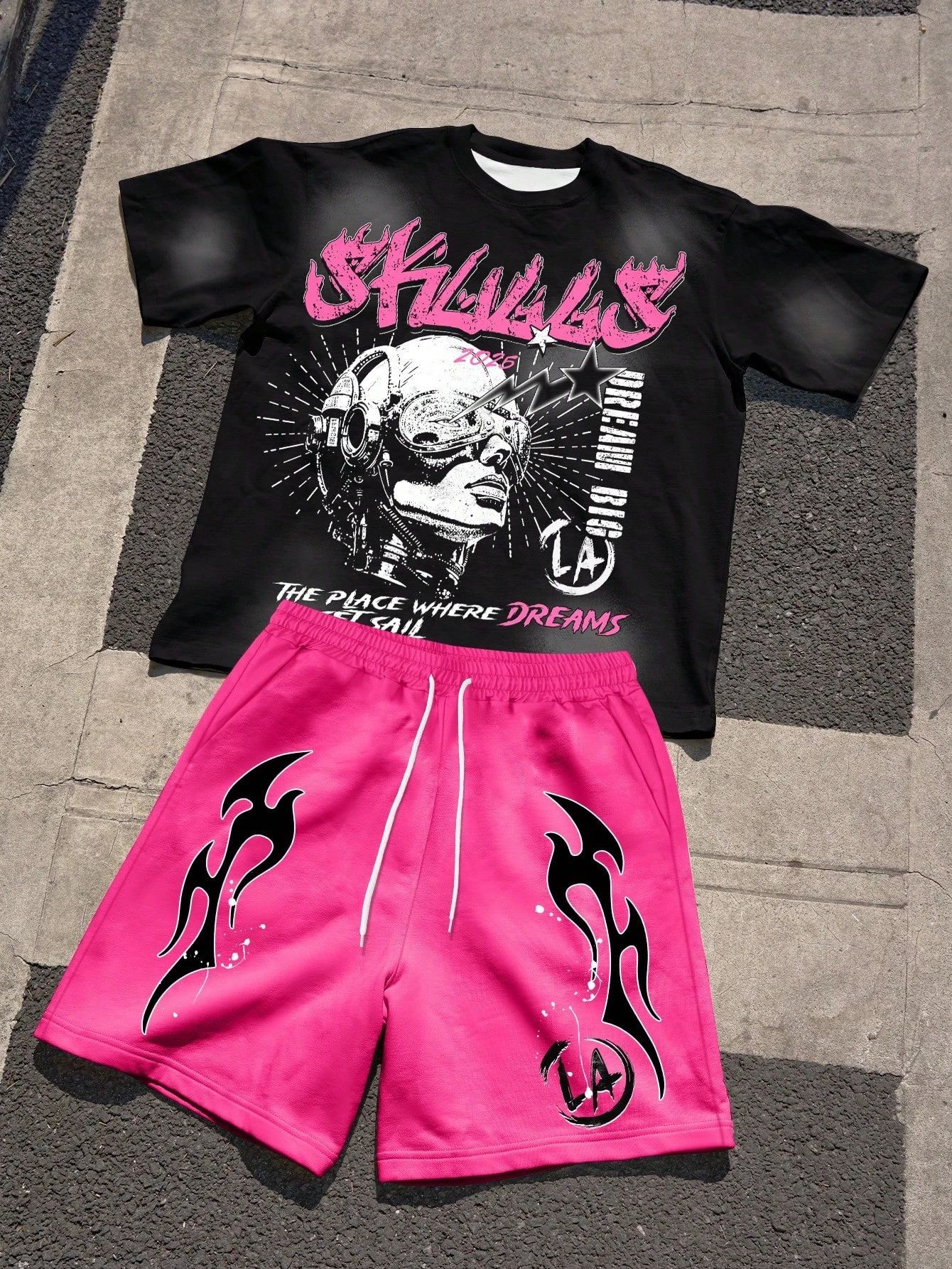 夏のメンズファッショナブルで通気性があり快適なレタープリントラウンドネックTシャツショーツセットアウトドアカジュアルトップ
