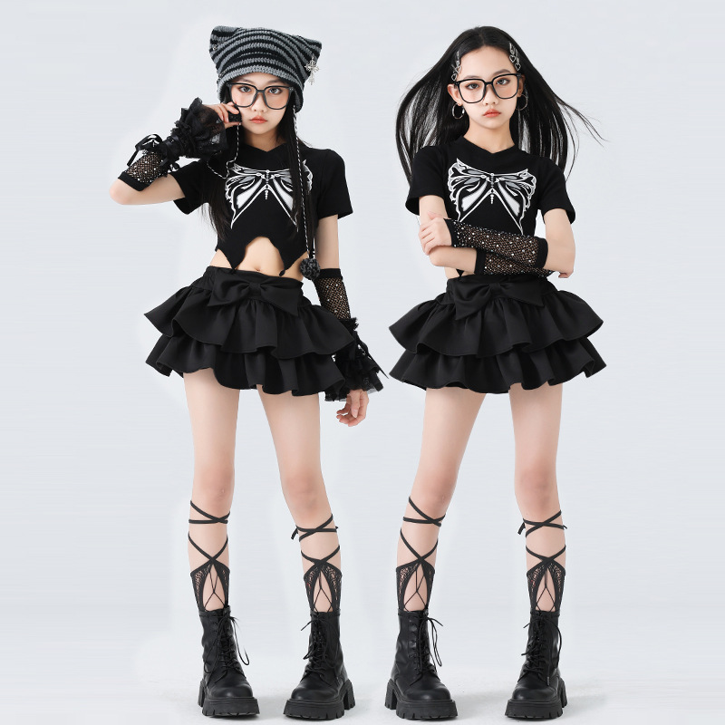 女の子 K-POP ファッションクロップトップティアードスカート服セット子供ヒップホップ衣装子供ストリートダンスホットガールグループストリート