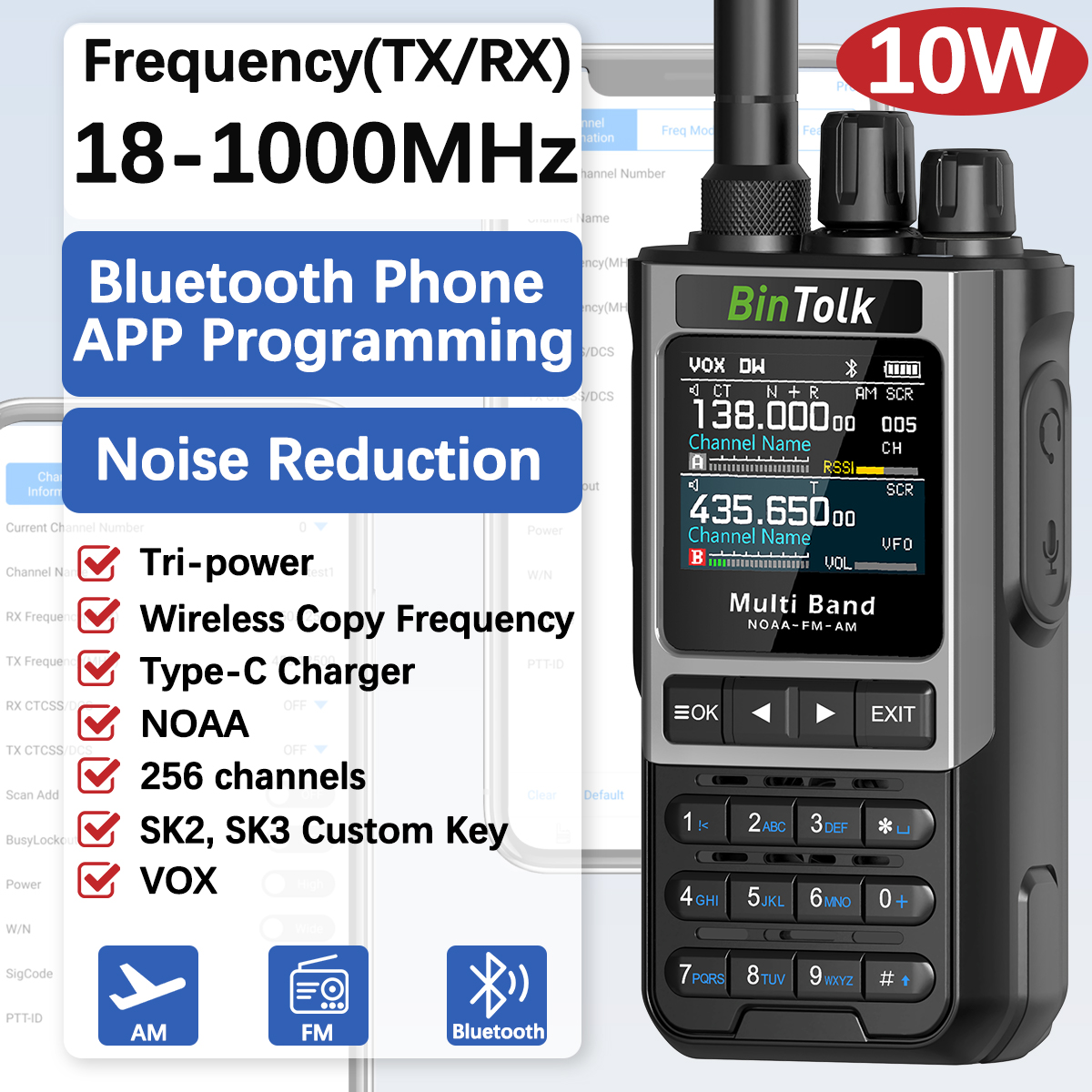 BinTolk BT8200 トランシーバー 長距離 10 ワット トライパワー フルバンド ワイヤレス Bluetooth 電話プログラミング ノイズリダクション アマチュア無線