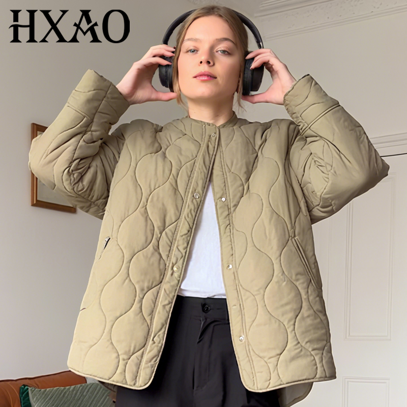 HXAO 軽量パッド入りジャケット レディース ジャケット デミシーズン 2025 グリーン ブラック パーカー オーバーサイズ 長袖コート 暖かいキルティングジャケット