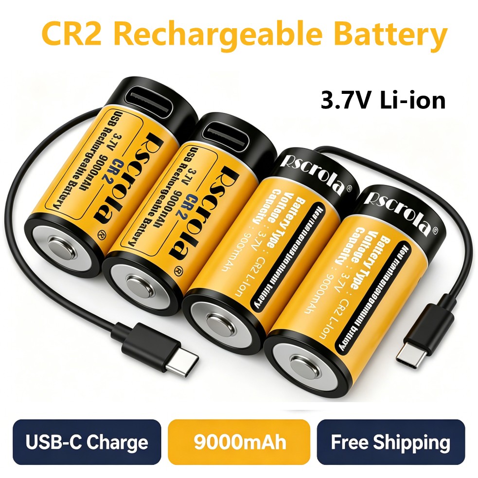 充電式 CR2 電池、3V-3.7v 9000mAh CR2 リチウム電池、USB Type C ポートケーブル付き、リチウム CR2 CR15H270 15270 バッテリー