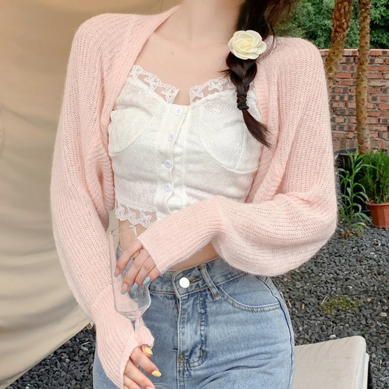 Combhasaki 女性の夏オープンフロントボレロすくめ長袖ソリッドカラー日焼け防止透明ニットクロップドカーディガン