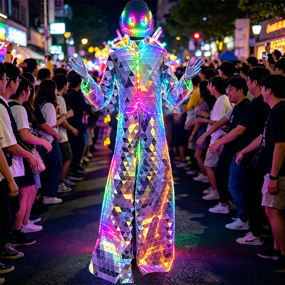LED竹馬ウォーカーミラーコスチュームLEDヘルメットステージパフォーマンススーツ男性用シルバーゴールデンミラーデザイン屋外フェスティバルパレードC