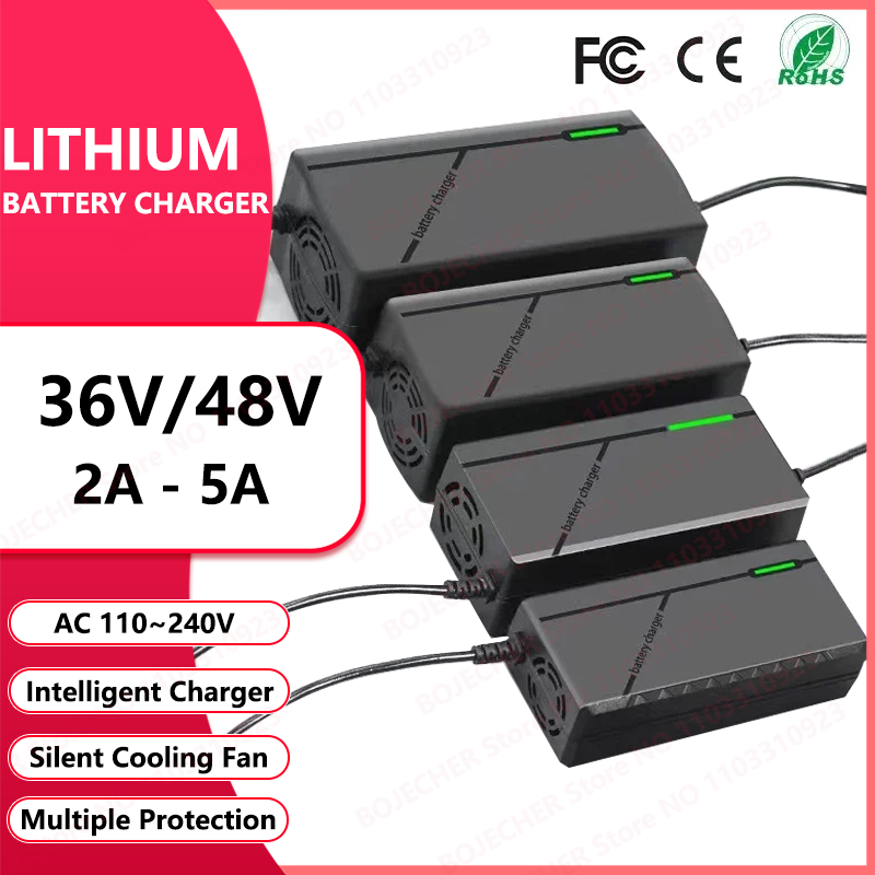 36V 48V 充電器 2A 5A 10S 13S リチウムイオンバッテリーパック充電器 42V 54.6V 5A インテリジェント高速充電 EU プラグ冷却ファン付き