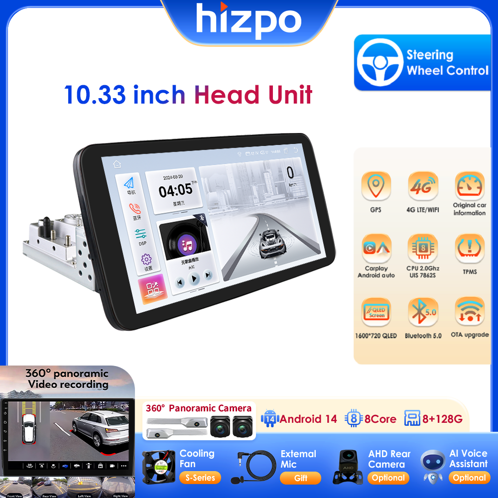 Android 14 10.33インチ 1 Din オクタコア DSP ワイヤレス Carplay オートユニバーサルカーラジオサポート AI Pro TPMS OBD DAB RDS BT WIFI GPS