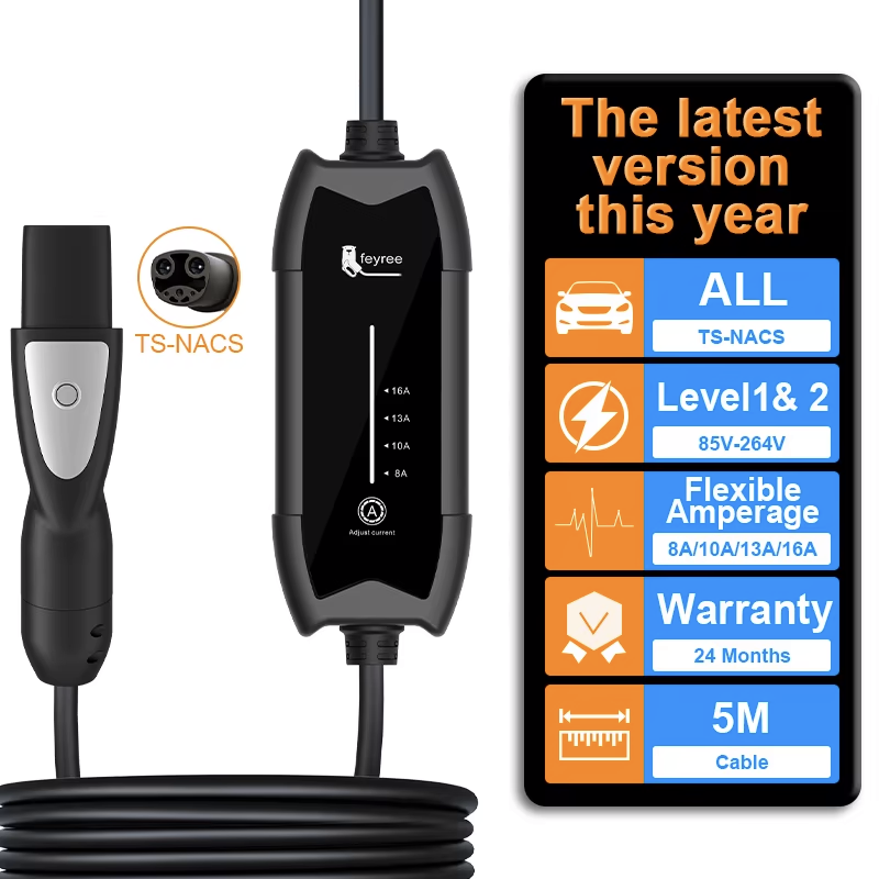 Feyree ポータブル EV 充電器 3.5KW 16A 1 相調整可能な電流急速充電 TS-NACS 充電プラグ付き テスラ車用