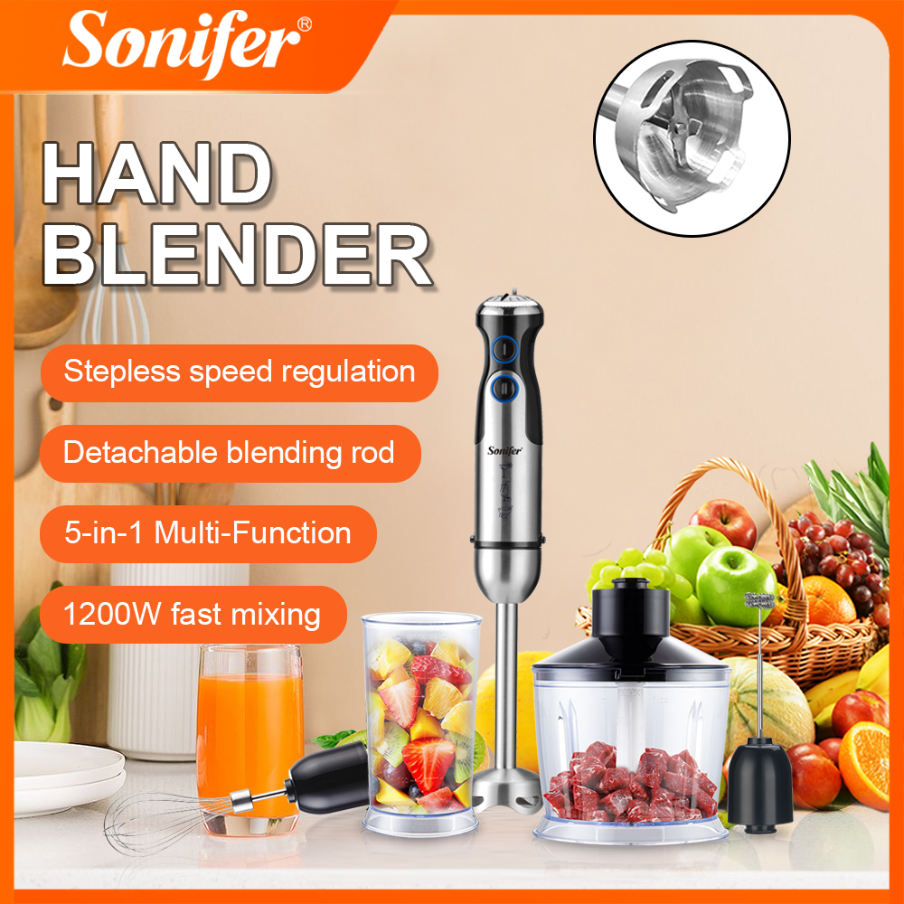 Sonifer 1200W 5-in-1 浸漬ハンドブレンダーセット SF-8091S、無段階スピード、500ml チョッパー、泡立て器、ミルク泡立て器、600ml ビーカー