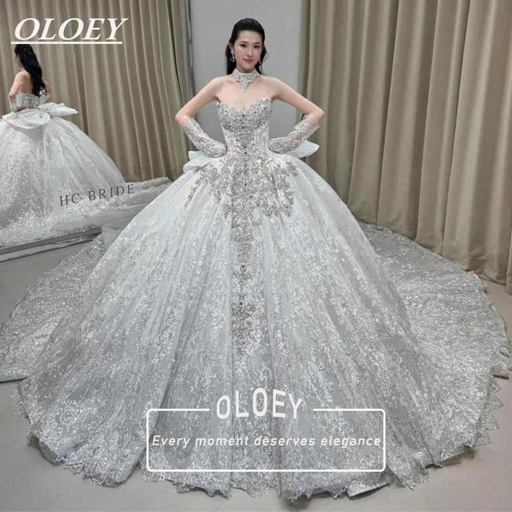 OLOEY 高級プリンセスウェディングドレスレースクリスタル恋人ネックブライダルドレス袖付き女性のキンセアニェーラドレスカスタマイズ