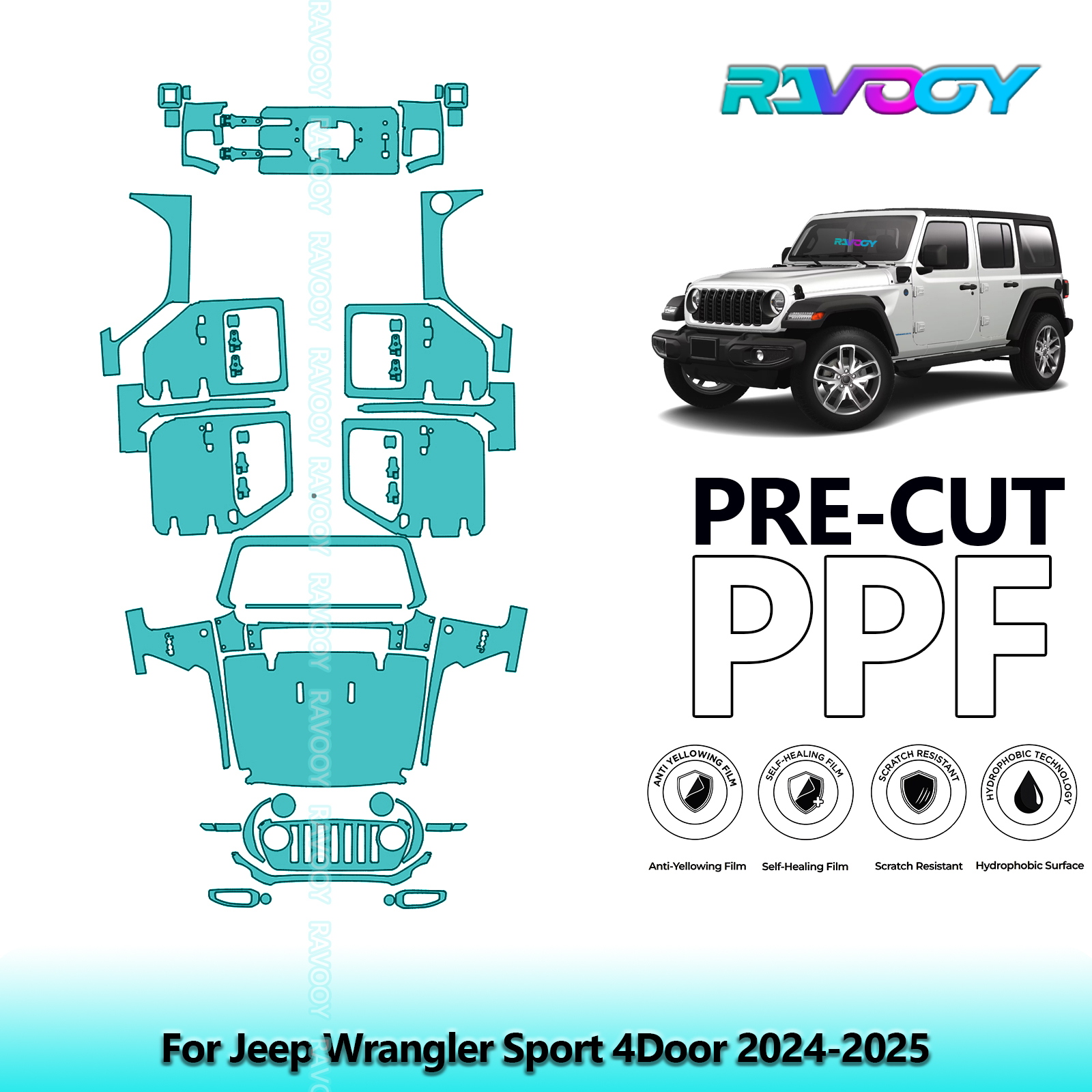 8.5 ミルプレカット PPF ペイント保護フィルムフル車両ジープラングラースポーツ 4 ドア 2024-2026 クリアブラジャー自己修復 TPU