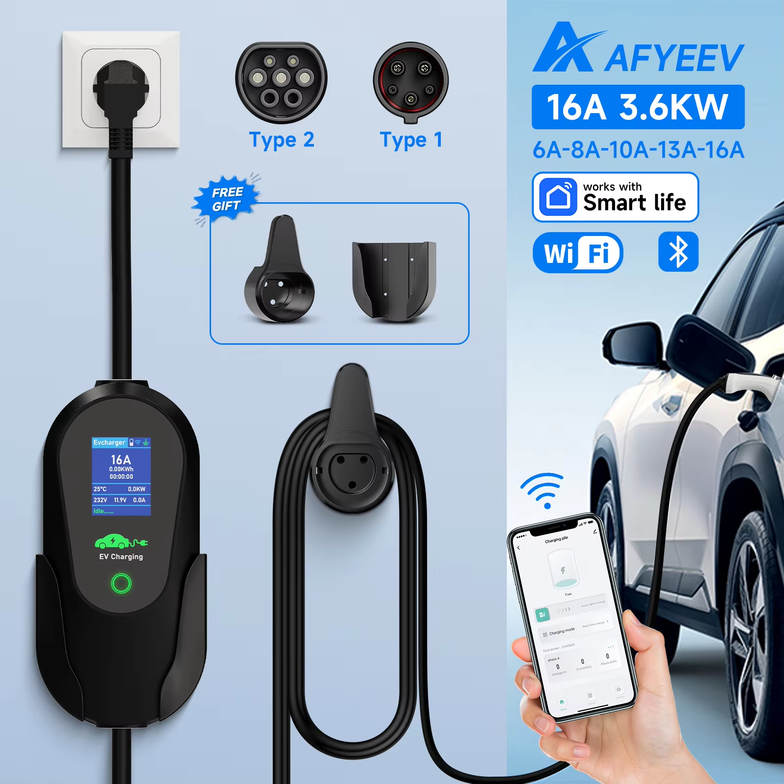 AFYEEV 3600 ワットポータブルタイプ 2 IEC62196-2 EV 充電器 Type1 SAE J1772 電気自動車充電器 EU プラグ WiFi Bluetooth APP 制御