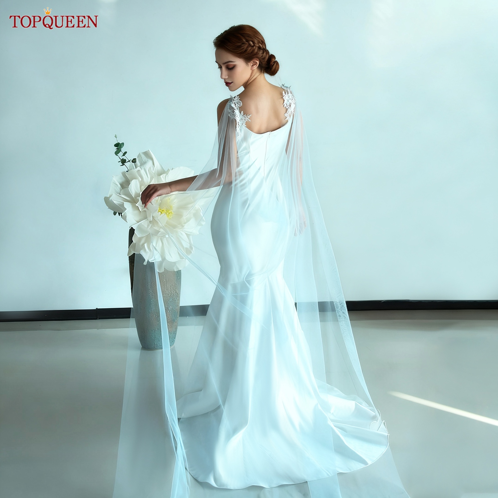 TOPQUEEN ブルーブライダルショールソフトレースウェディングマント大聖堂パーティードレス Diy コート取り外し可能なガールフレンドスリーブ結婚式 Mg25