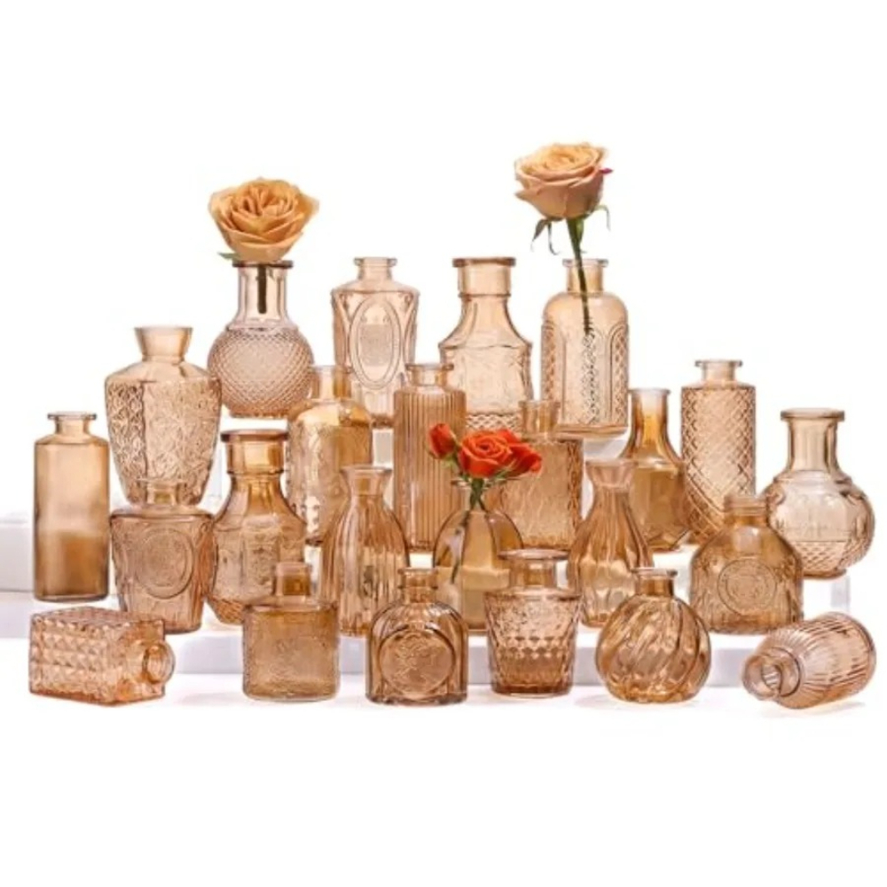 12/24 Pcs Vintage Glass Bud Vases Aromatherapy Bottle Mini Colored Vase for Home Table Flower Arrangement Rustic Wedding Decor