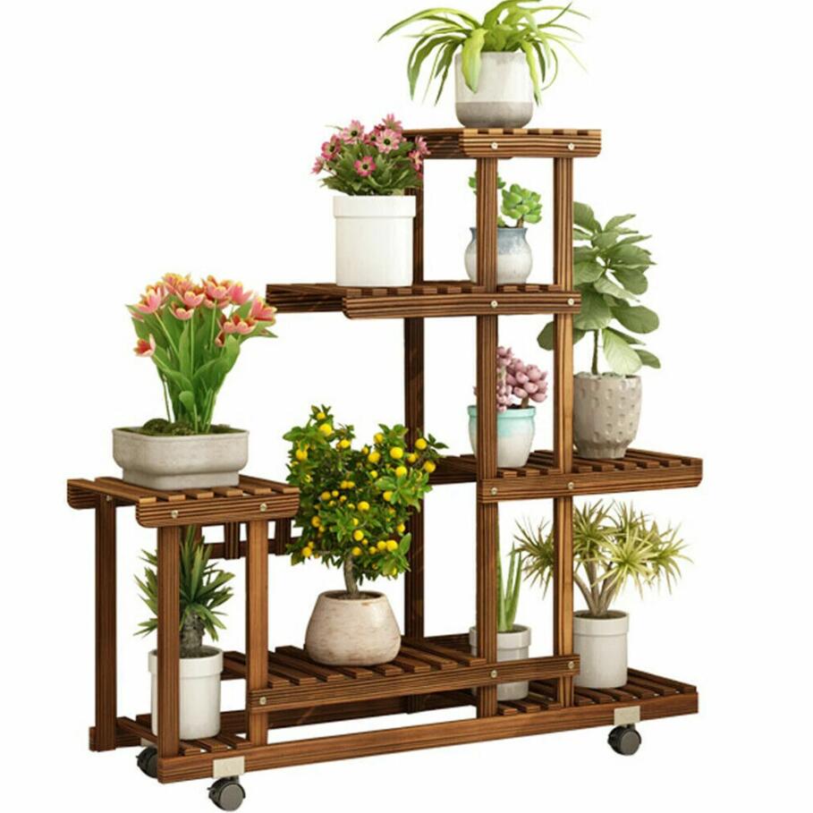 多層木製植物スタンドラック屋外屋内ローリングフラワーポットホルダーホイール付き