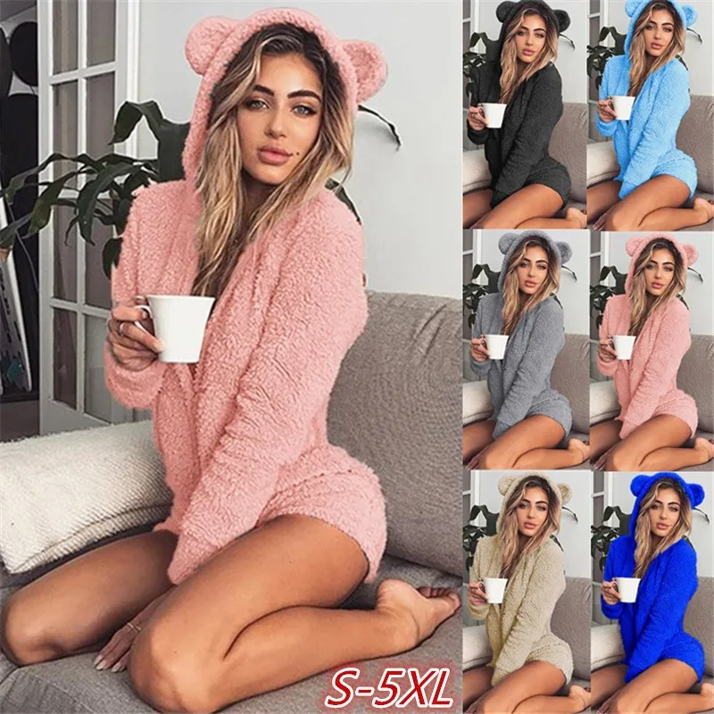 5XL 女性ジャンプスーツフリースパジャマクマ耳フード付きボディスーツショーツ冬暖かいトラックスーツストリートワンピースパジャマ部屋着
