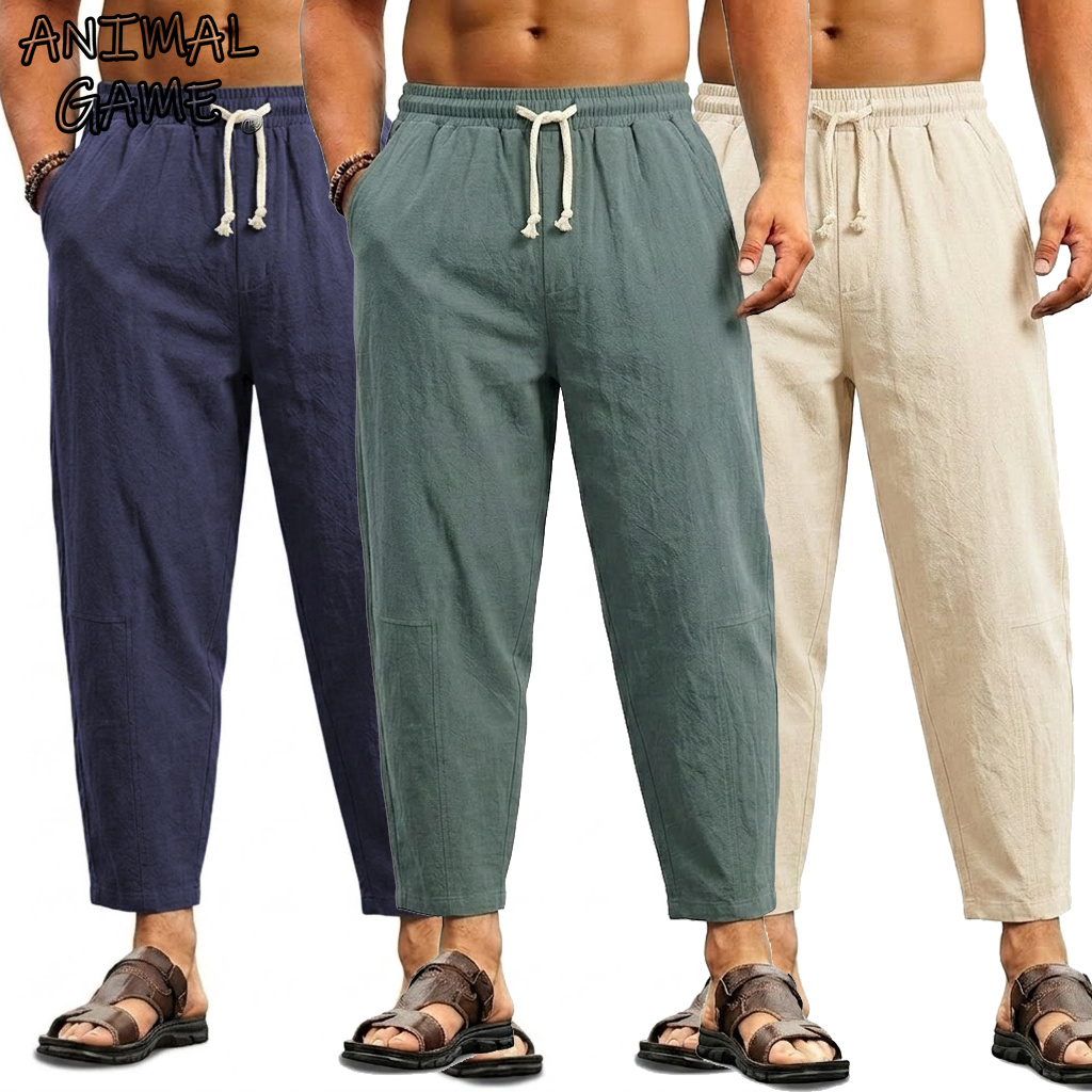 夏のメンズリネンパンツ無地カジュアルパンツ男性用スポーツ通気性だぶだぶのパンツビーチ軽量コットンワークパンツ