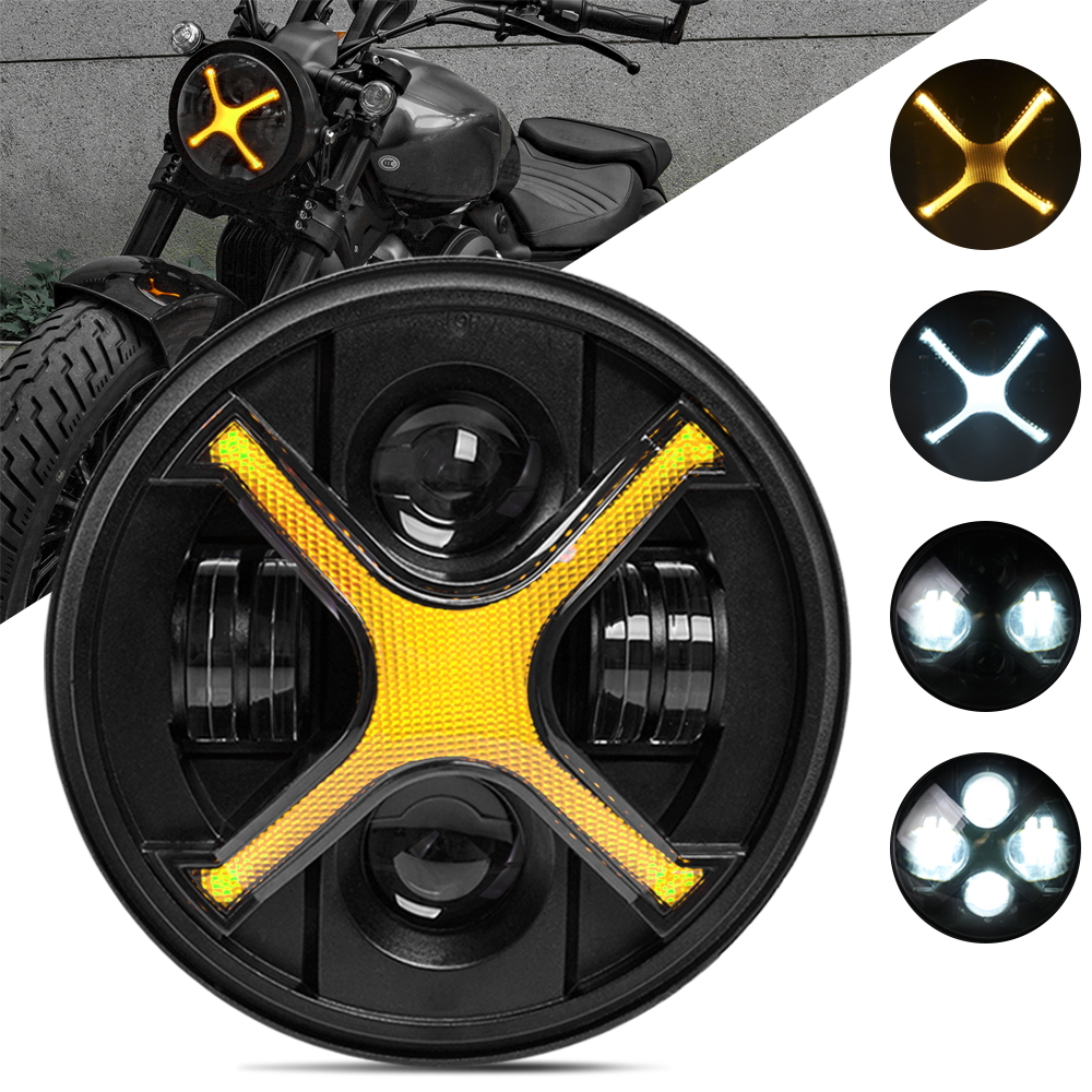 7 インチ スモーク X スタイル オートバイ ヘッドライト ホワイト/アンバー DRL、ストリート グライド、ソフテイル ヘリテージ、ロードキング、エレクトラグライドに対応