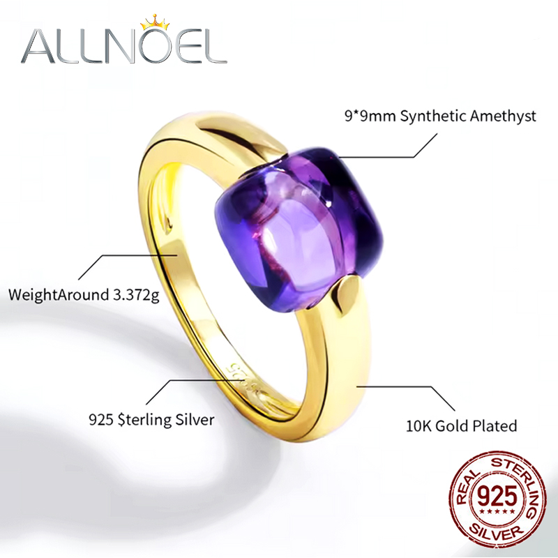ALLNOEL 925 スターリングシルバー 10 18k ゴールドメッキカラークリスタルスクエアリング女性のための高級象嵌宝石パーティージュエリーギフト