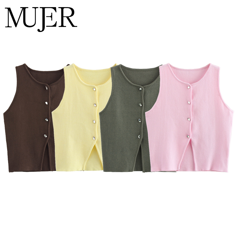 Mujer ピンクニットノースリーブベスト女性丈セーターベストトップ女性黄色ボタンベスト女性ストリートチョッキニットウェア