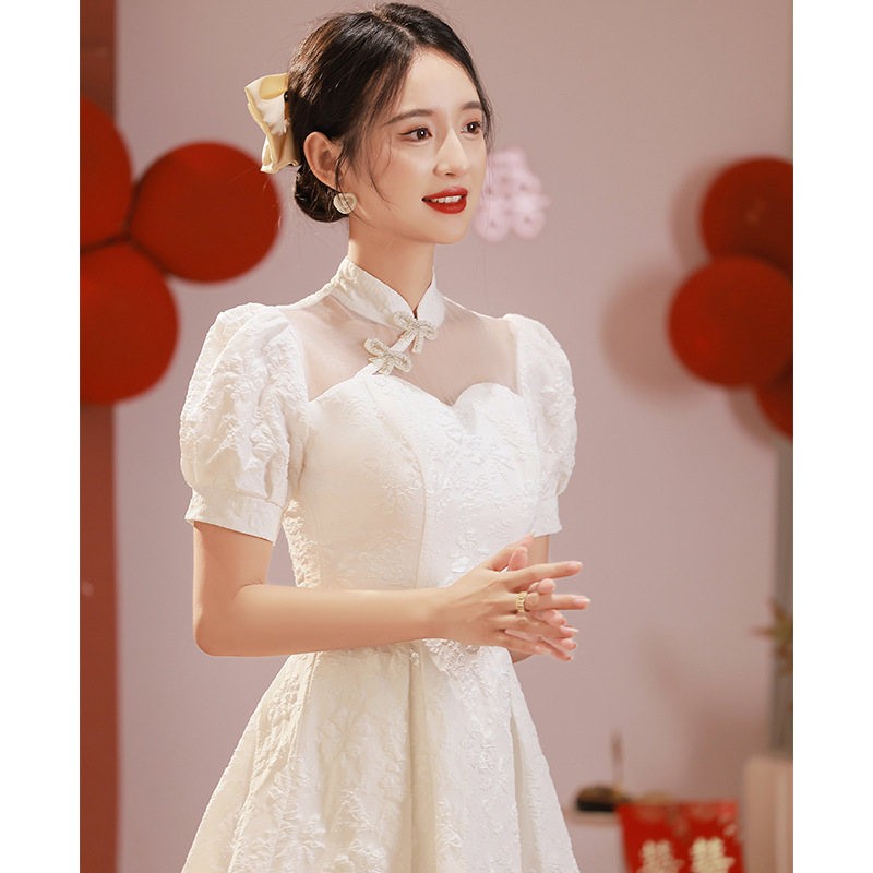 2023 新しい夏の袍白の結婚式の花嫁チャイナドレス女性のエレガントなレースのチャイナドレスヴィンテージマンダリンカラー Vestidos