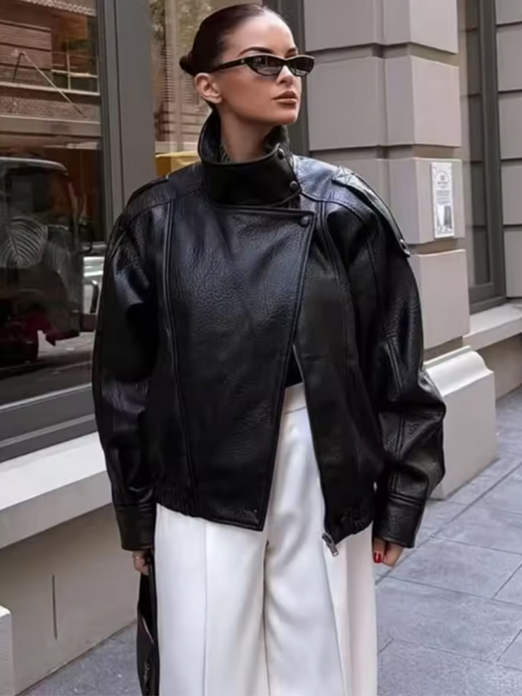 女性フェイクレザールーズジャケットハイストリートスタンドカラー長袖コートファッション因果ジッパー生き抜く秋冬