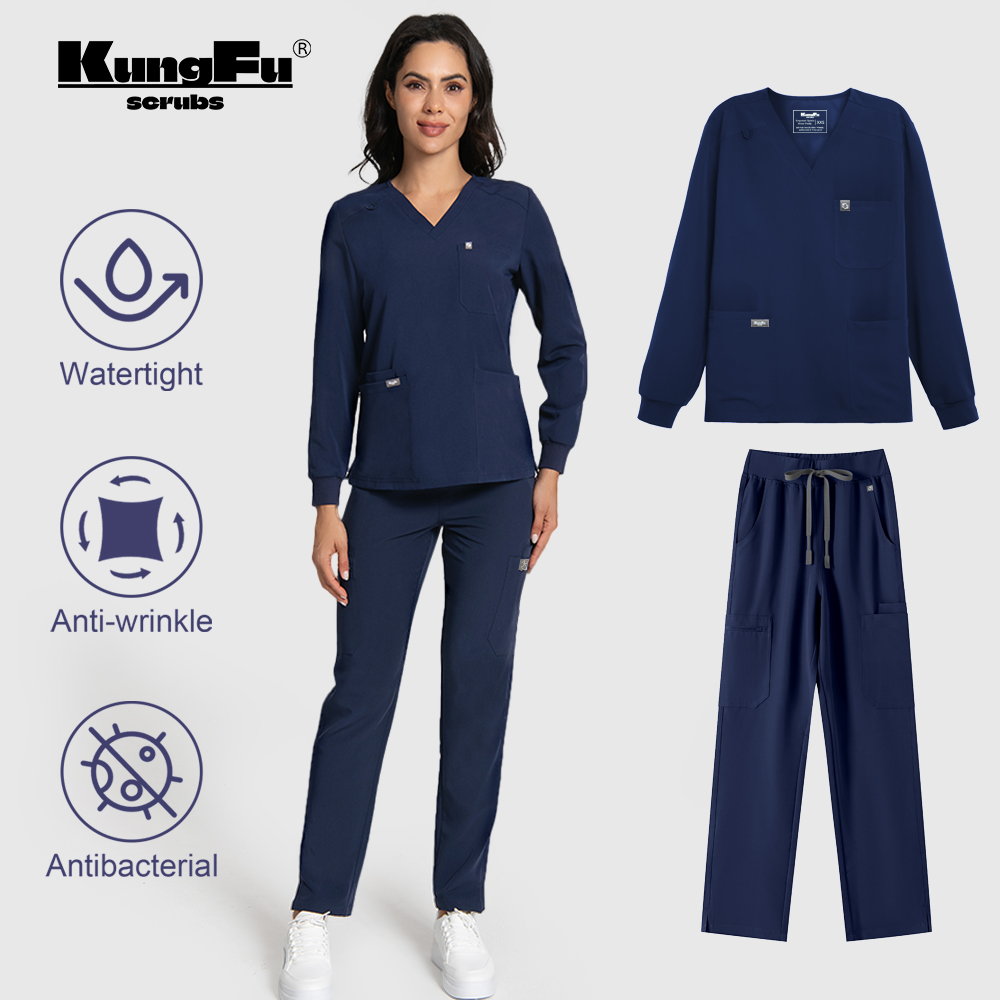 カンフースクラブ医療制服女性スクラブセット抗菌防水作業服長袖トップ