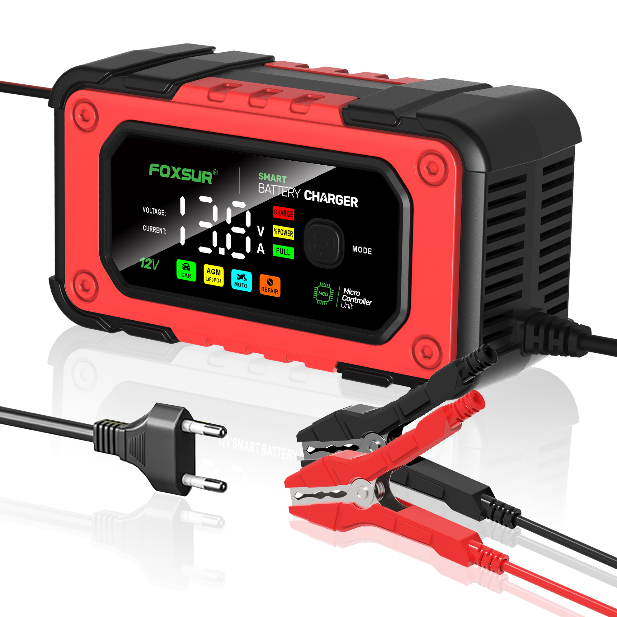FOXSUR 7A 12V バッテリー充電器自動車オートバイ充電器パルス修理ディープサイクル EFB ゲルウェット AGM カラー画面表示
