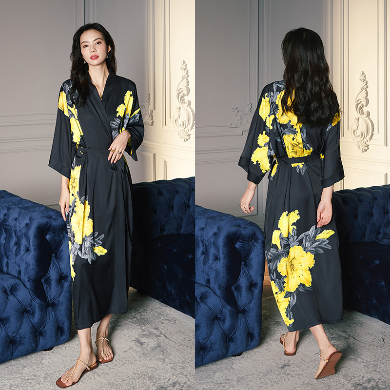 女性カジュアルパジャマ夏の新バスローブガウン半袖着物ローブロング Balck プリントフラワーホーム服親密なランジェリー