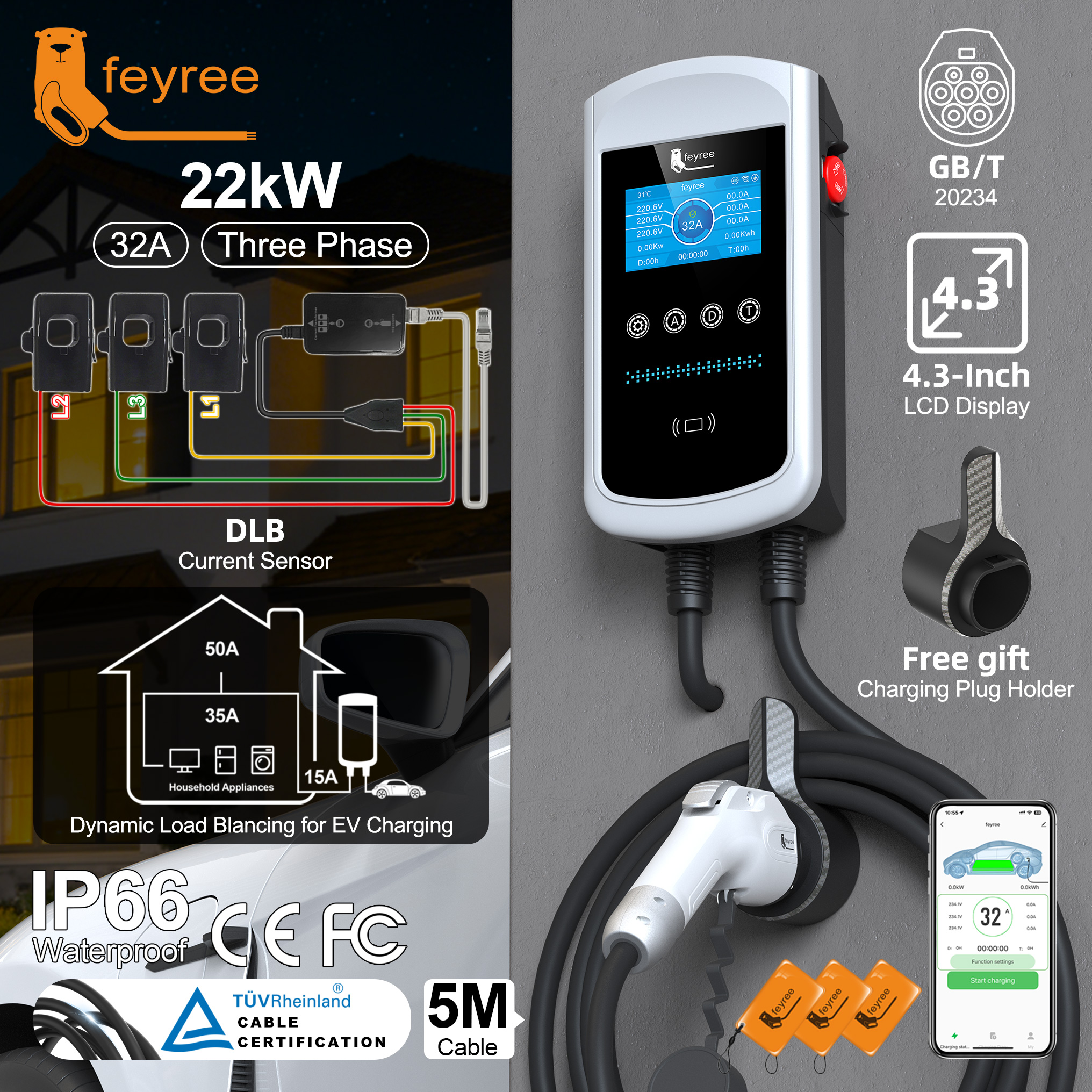 Feyree DLB EV 充電器 GB/T プラグ 22kW 32A 3P 高速 EVSE ウォールボックス充電ステーション 4.3 インチ画面付き電気自動車用