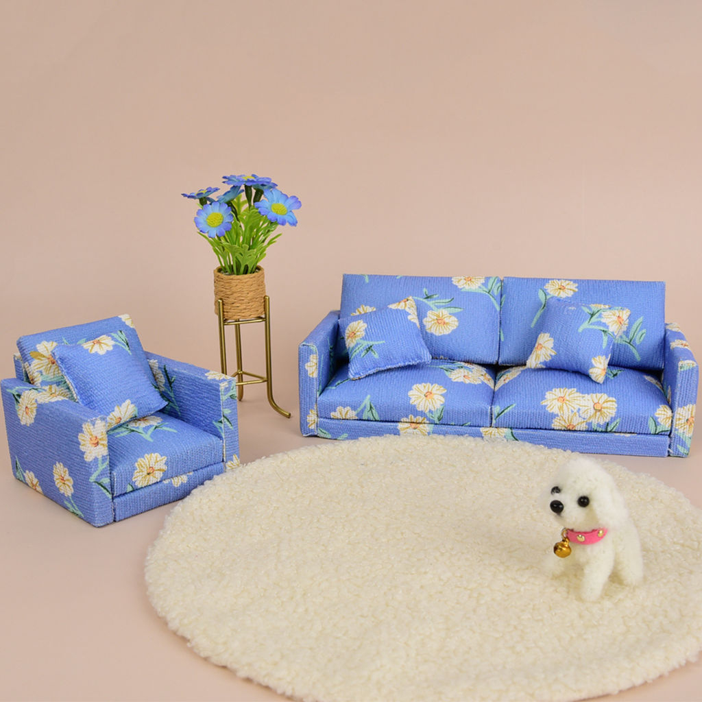 ミニ花柄ファブリックソファセット、ドールハウスリビングルーム家具アクセサリー、OB11ジオラマレイアウト用デイジープリントソファ小道具