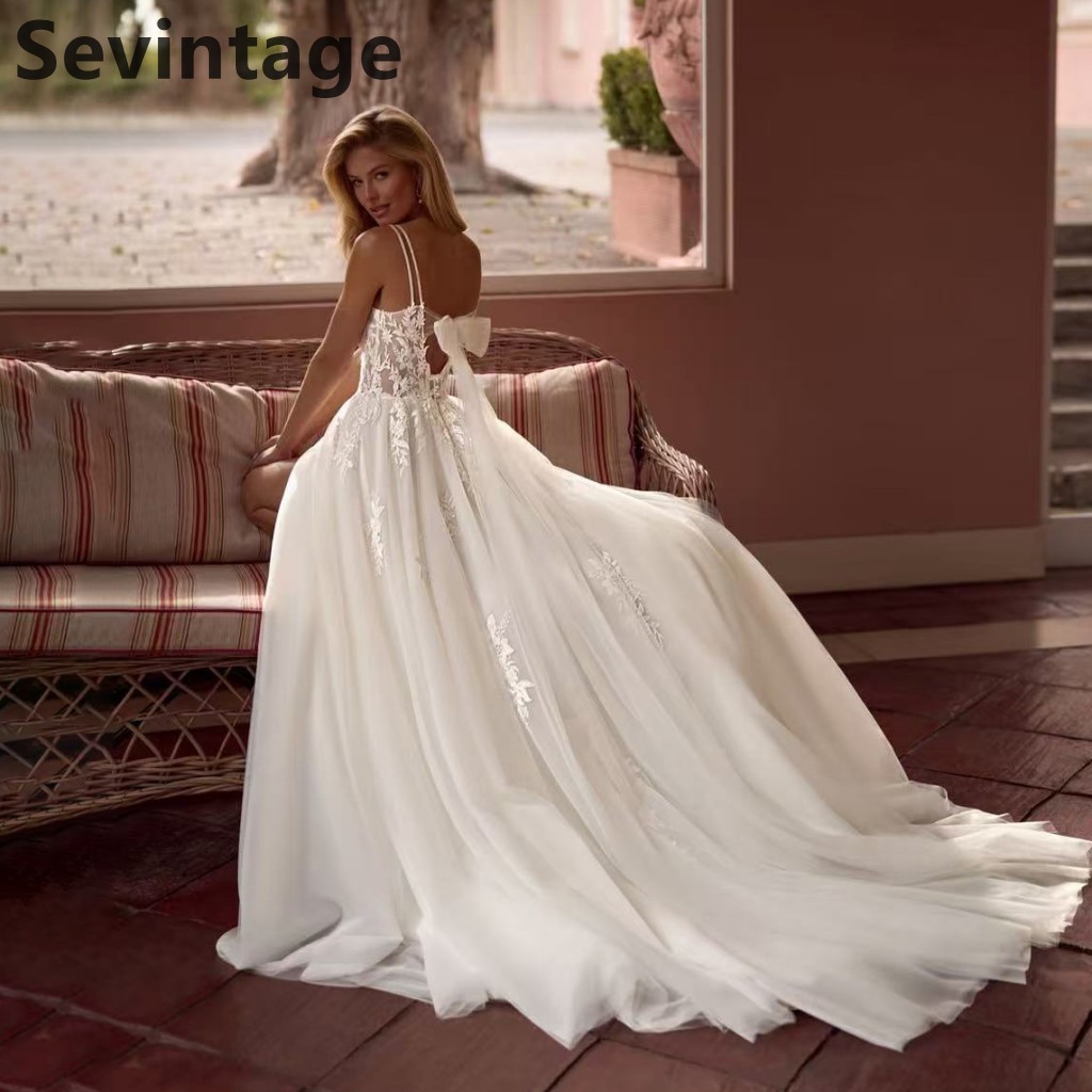 Sevintage 2025 プリンセスウェディングドレスアップリケレース A ラインスパゲッティストラップ弓バックブライダルガウン Vestidos デノビアカスタマイズ