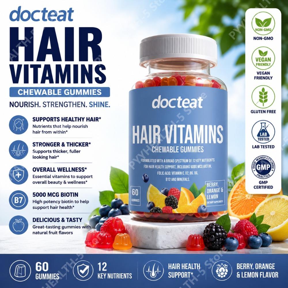 Docteat ヘアビタミングミ チュアブル 60 グミ ナチュラルフレーバー ベリー オレンジ レモン ビオチン 亜鉛 ビタミン C およびビタミン E コラーゲン
