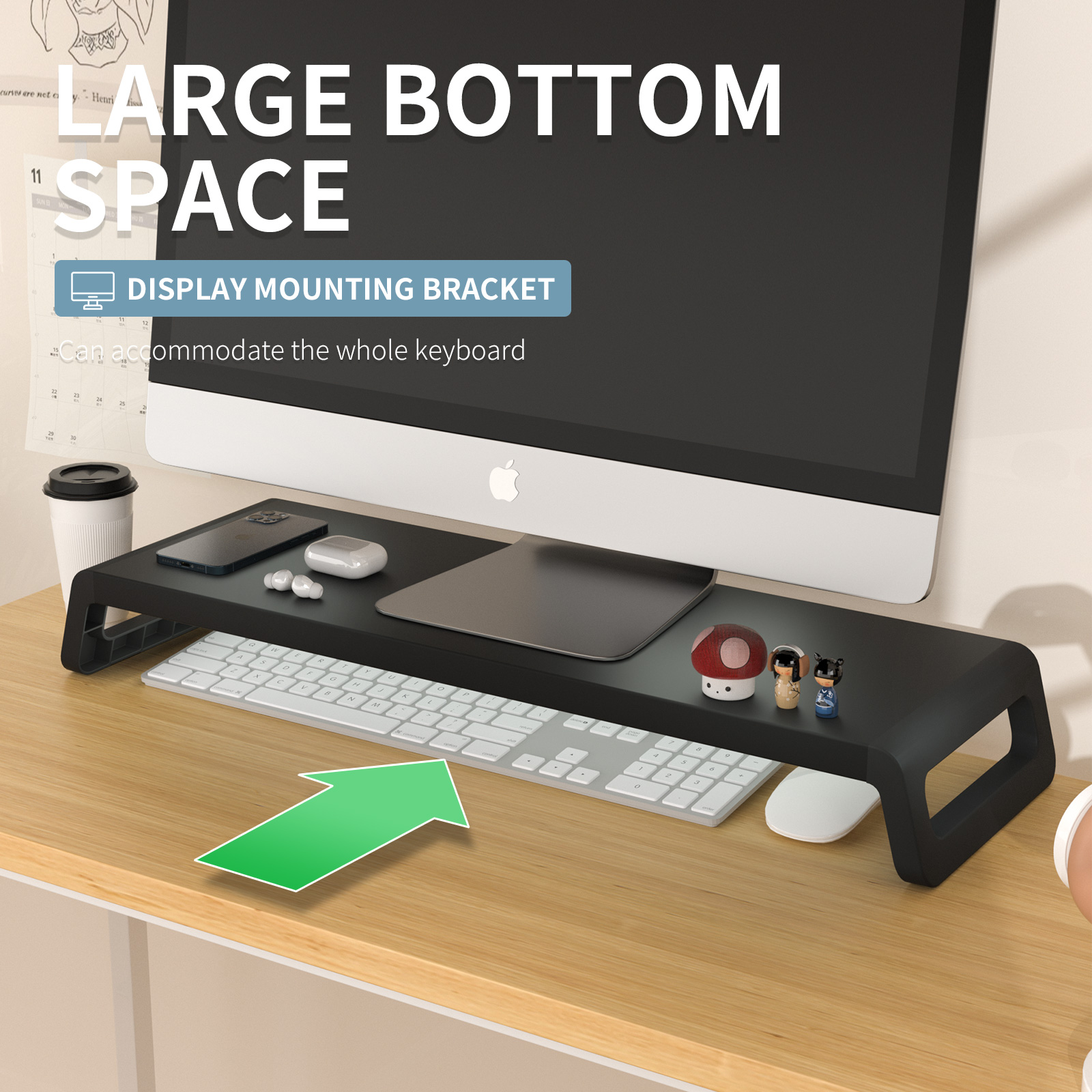 金属製モニタースタンド デスク用 安定したコンピューターモニターオーガナイザー ライザーキーボード収納 滑り止めアルミニウムスタンド ブラックシルバー