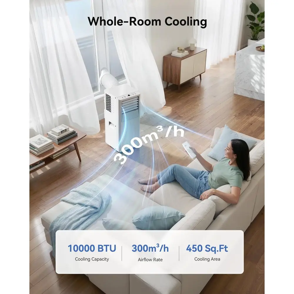 10,000 BTU ポータブル エアコンは最大 450 平方メートルを冷却します。フィート、部屋用 5in1 ポータブル AC ユニット、リモコン付き、スリープモード、2