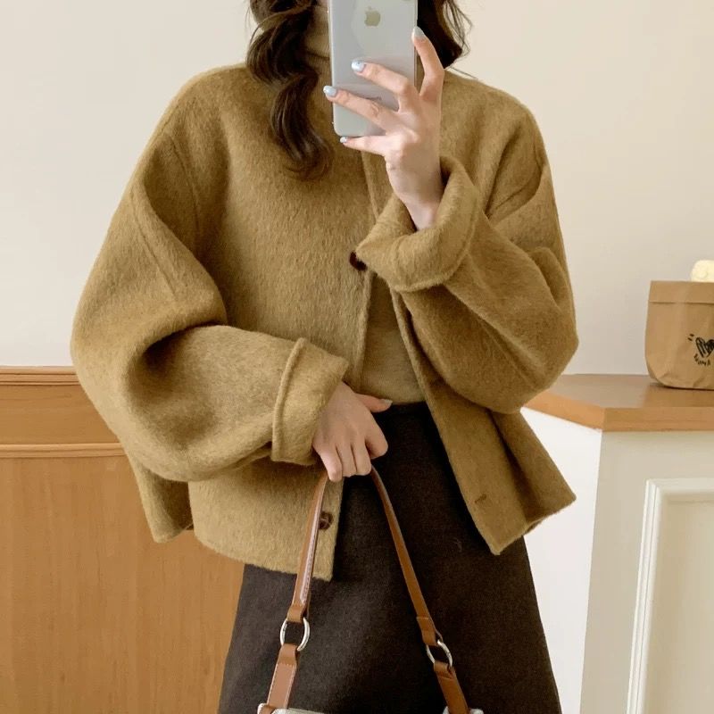 冬服の女性の韓国のファッションシンプルシックなストリートウールコートヴィンテージエレガントな長袖ルーズシングルブレストジャケット