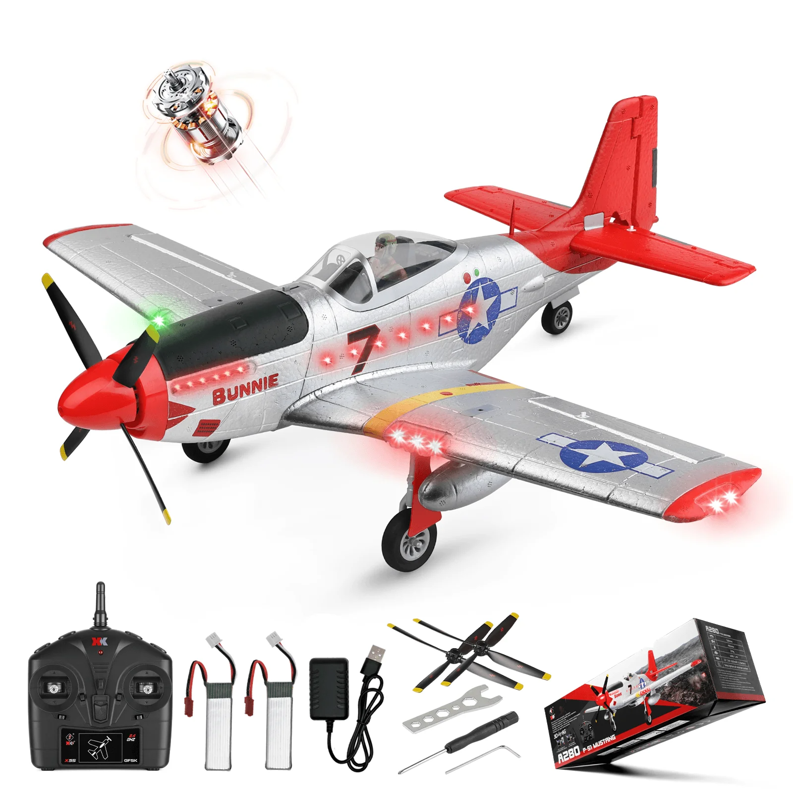 WLtoys XK A280 RC 飛行機、P51 マスタング 4-CH RC 飛行機、ライト付き、6G/3D ブラシレスリモコン飛行機、大人に最適