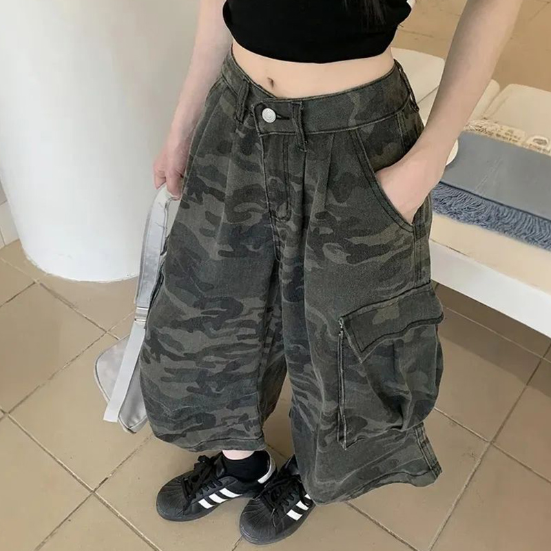 女性レトロファッションだぶだぶのカプリジーンズ女性ハイウエスト薄いデニムパンツガールズファッション迷彩ストレート脚ズボン