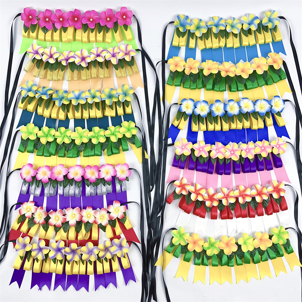 新着リボン ショート レイ 7 つのプルメリアの花付き子供用 32 センチメートル太平洋島フェスティバル ネックレスお祝いや装飾