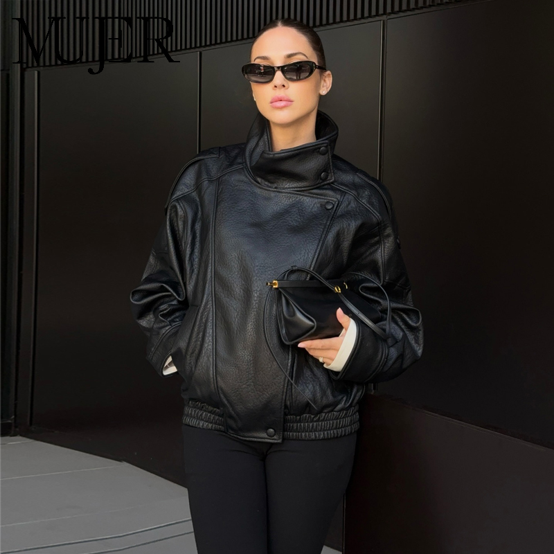 MUJER ブラックフェイクレザージャケット女性用アウターオフィスレディースボンバージャケットスナップボタンデミシーズンジャケット女性用コート