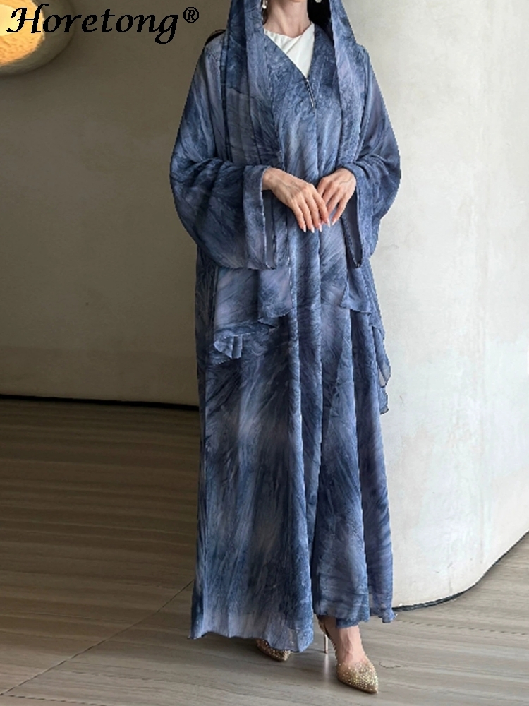 Horetong 2026 イスラム教徒アバヤローブ女性大理石プリントシフォン V ネック長袖ルーズささやかなイスラムエレガントカジュアルマキシドレス