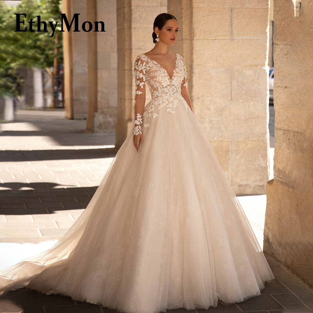 Ethymon ヴィンテージ長袖ウェディングドレス花嫁のための V ネックバックレスレースアップリケ Vestido デ Casamento カスタマイズされたプラスサイズ