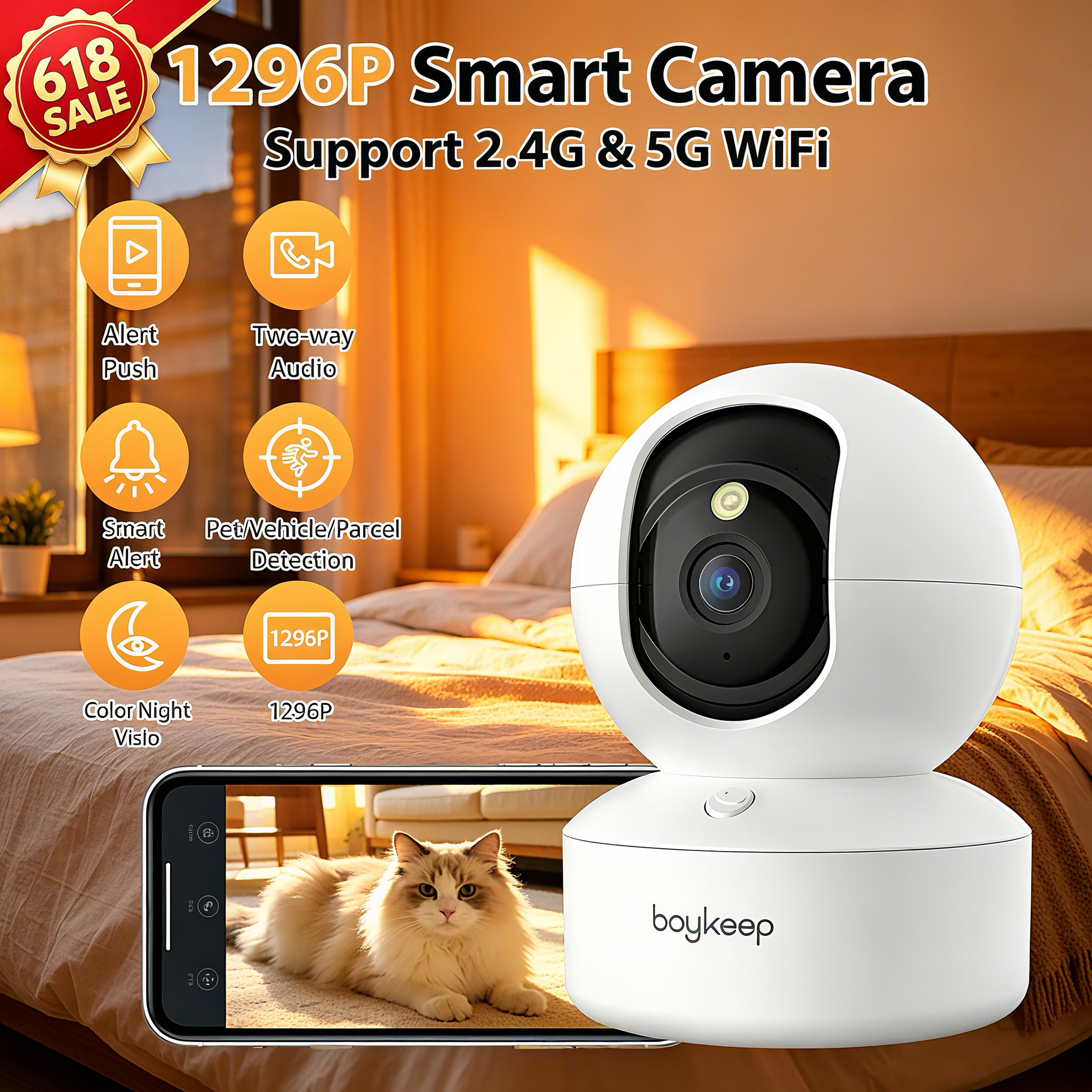 BoyKeep スマートカメラ 2K セキュリティ保護 Wifi 監視 5G/2.4GHz 屋内ベビーナイトビジョン 360° パン